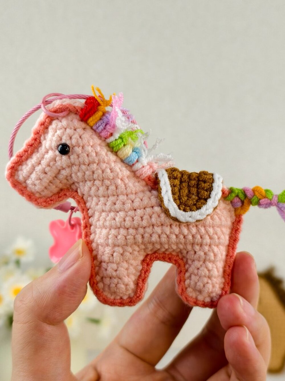 Handmade Amigurumi Crochet Pink Pony Keychain and Bag Charm with a Bell